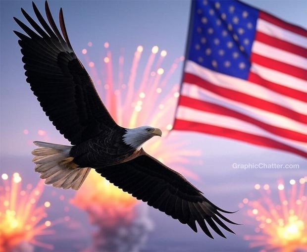 Bald Eagle in front of American USA Flag